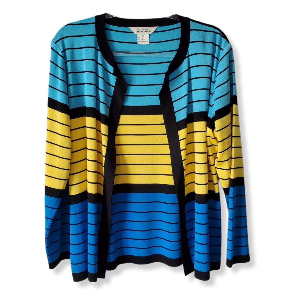 Exclusively Misook Cardigan M Blue Black Yellow Stripe Modern Colorful Preppy